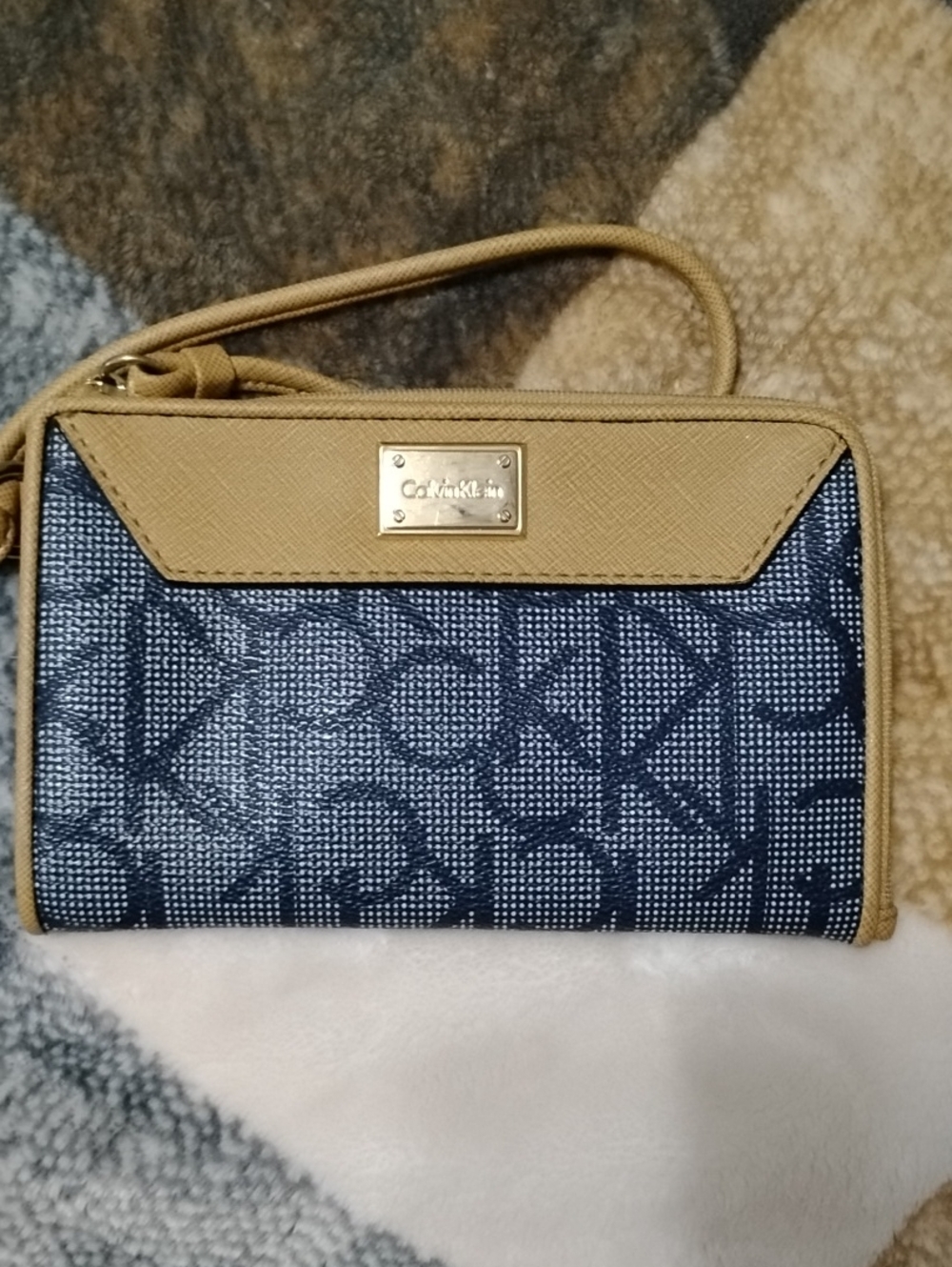 Calvin Klein Navy Logo Wristlet with Tan Trim